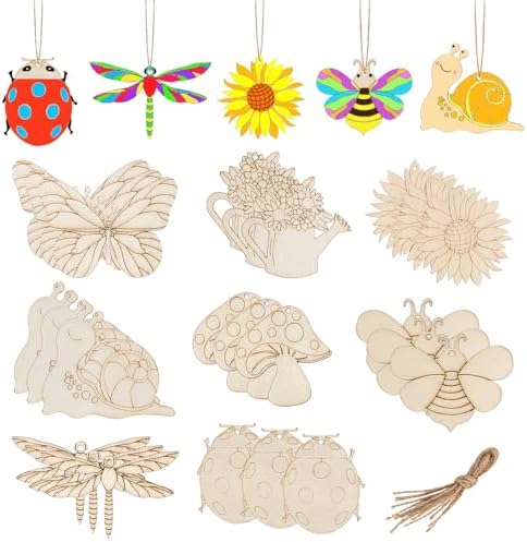 24PCS Wooden Crafts to Paint, Wooden Spring Ornaments to Paint, 8 Styles Unfinished Wood Crafts for Home Hanging Decorations, Crafts for Seniors, Insect Dragonfly Butterfly Snail Mushroom Flower by WOLWEFA