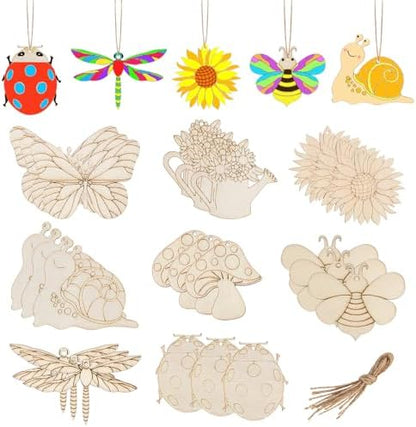 24PCS Wooden Crafts to Paint, Wooden Spring Ornaments to Paint, 8 Styles Unfinished Wood Crafts for Home Hanging Decorations, Crafts for Seniors, Insect Dragonfly Butterfly Snail Mushroom Flower by WOLWEFA