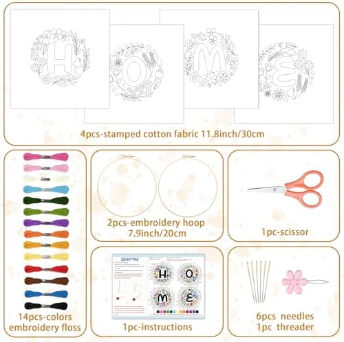 BEUNITONE 4 Set Embroidery Kit for Beginners, DIY Home Theme Pre-Stamped Pattern Needlepoint Kits for Adults with Hoop and Instruction, Funny Hand Embroidery Patterns for Cloth and Home Decor - Image 2