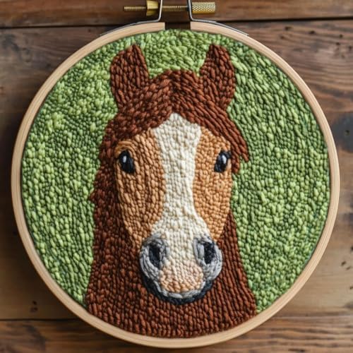 DIY Punch Needle Kits Brown Horse with Hoop 20x20cm-2 by Unknown