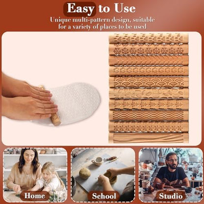 Lzttyee Wooden Handle Pottery Tools Clay Modeling Pattern Rollers, Brown - Image 4