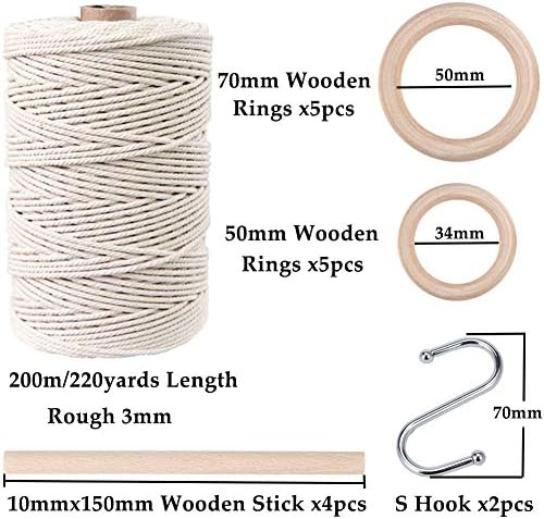 120pcs Macrame Kits for Beginners 3mm x 220yards Natural Cotton Macrame Cord Wall Hanging Kit, Best Macrame Supplies for Macrame Plant Hanger with Wooden Beads,Wooden Rings,Wooden Sticks,S Hooks - Image 2