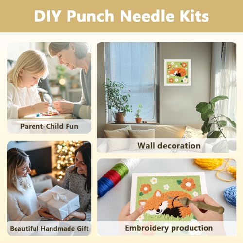 Doodlream Sleeping Fox DIY Punch Needle Embroidery Kit for Adult Beginner, 9.4" Cute Fox Punch Stitching Craft Set for Starter with Frame, Fabric Pattern, Threader, Yarn, Pinch Needle - Image 4