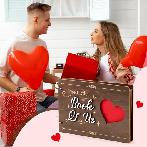 CY2SIDE Valentine's Day Couple Photo Album Scrapbook - 111PCS The Little Book of Us Wooden Album Scrapbook Kit for Lovers with Heart Puzzle Brown Paper Sticker and Template for DIY Dating Anniversary - Image 4