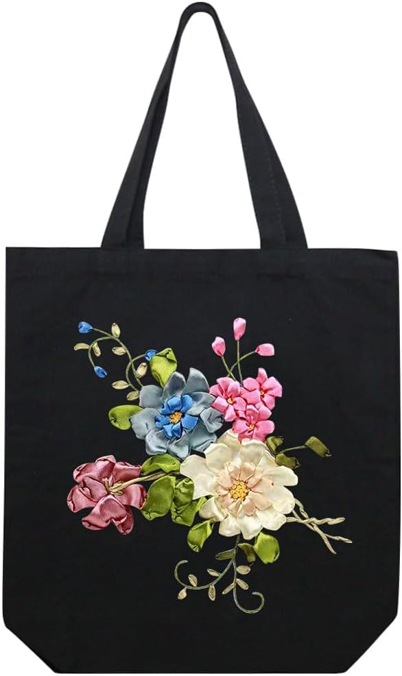 Canvas Tote Bag Silk Ribbon Embroidery Kit for Beginners, Arts DIY Crafts Starter kit, Include Stamped Bag Threads Hoop
