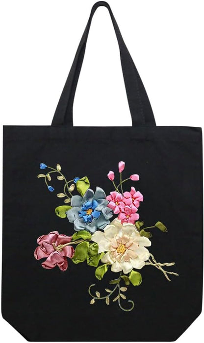 Canvas Tote Bag Silk Ribbon Embroidery Kit for Beginners, Arts DIY Crafts Starter kit, Include Stamped Bag Threads Hoop
