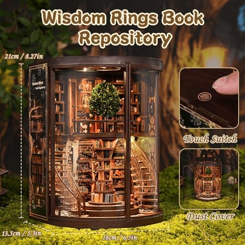 fifijoy DIY Book Nook Kit for Adults - 3D Wooden Puzzle Miniature House Kit with LED Light, Miniature Dollhouse Library Bookshelf Insert Decor, Creative Gift for Family, Friends (Wisdom Rings) - Image 6
