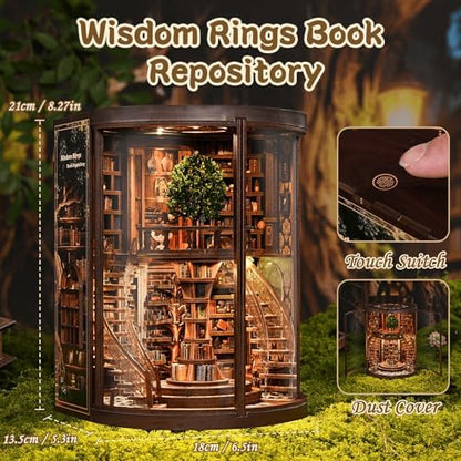 fifijoy DIY Book Nook Kit for Adults - 3D Wooden Puzzle Miniature House Kit with LED Light, Miniature Dollhouse Library Bookshelf Insert Decor, Creative Gift for Family, Friends (Wisdom Rings) - Image 6