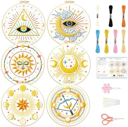 BEUNITONE 6Set Tarot Embroidery Kit for Beginners with Dreamy Pre-print Patterns, DIY Craft Kits for Adults Women with Embroidery Hoops and Full Kits, Needlepoint Kits for Home Decor and Gifts 20x20cm by BEUNITONE