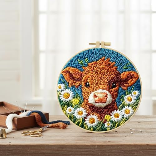 FRANDEK DIY Flower Cow Stamped Embroidery Kit with Hoop for Adults - Image 2