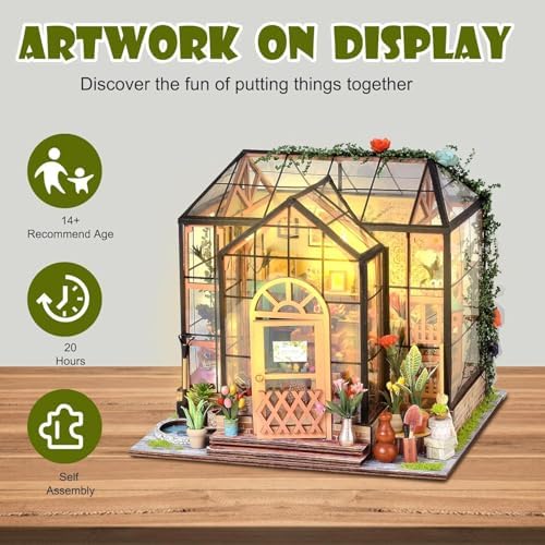 Book Nook Kit, 3D Wooden Puzzles Flower House Dollhouse with LED Light - Image 4