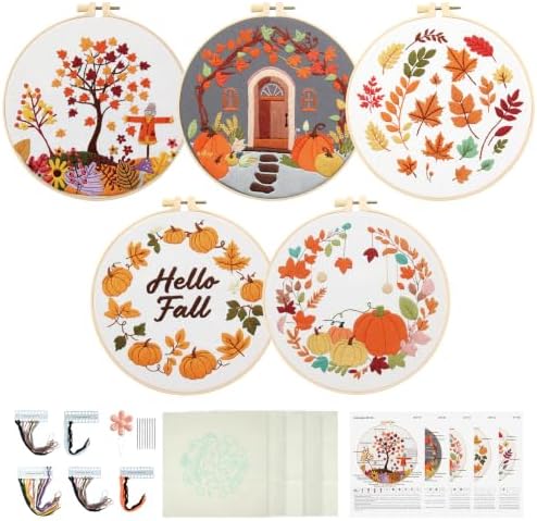 5 Sets Fall Embroidery Kits for Beginners, Autumn Pumpkins and Maple Leaves Embroidery Starter Kit for Adults Thanksgiving Gifts with Stamped Pattern DIY Needlepoint Kit Cross Stitch Set with 2 Hoops by CMINAUS