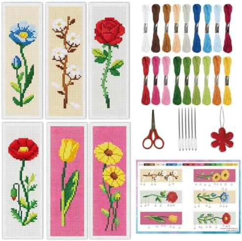 INFUNLY 6PCS Cross Stitch Bookmark Kit for Adults Rose Tulip Stamped Embroidery Bookmark Kit with Backing Felt Floss Instruction for Book Lovers Readers by INFUNLY
