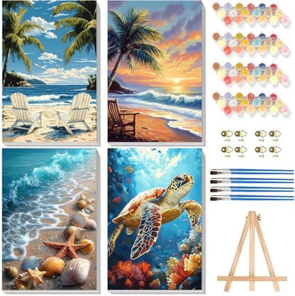 4 Pack Beach Paint by Numbers for Adults with Framed Canvas - Wooden Easel by xackcme