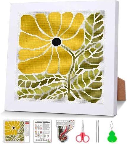 Flower Stamped Cross Stitch Kits for Adults Beginners with Wooden Frame by DIYHomeDecor