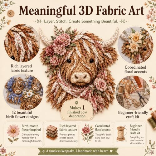 Birth Flower Highland Cow 3D Layered Fabric Art DIY Kit for Adults (C1PC) - Image 3