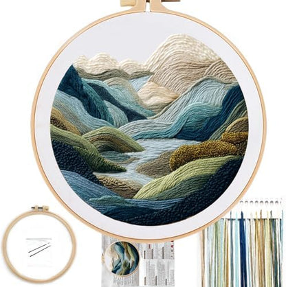 FONNUY Embroidery Kit for Beginners, Nature Hills Landscape Pre-Stamped Pattern Kits for Adults with Hoop, Easy to Follow Color Thread Needlework, 8'' Hoop (Green Hills) by FONNUY