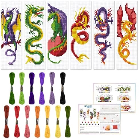 ORIGACH 6 Pcs Cross Stitch Bookmark Kit for Beginner Dragon Pattern Stamped Embroidery Stitch Kits for Starter DIY Bookmarks Printed Cross Stitch Kits with 13 Colors Embroidery Floss by ORIGACH