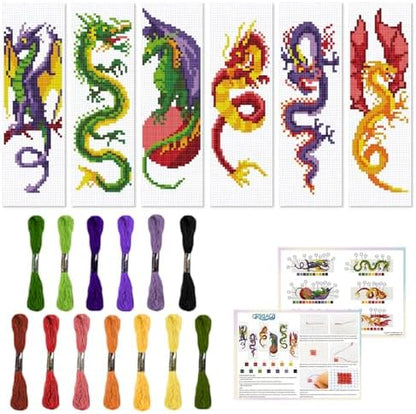 ORIGACH 6 Pcs Cross Stitch Bookmark Kit for Beginner Dragon Pattern Stamped Embroidery Stitch Kits for Starter DIY Bookmarks Printed Cross Stitch Kits with 13 Colors Embroidery Floss by ORIGACH