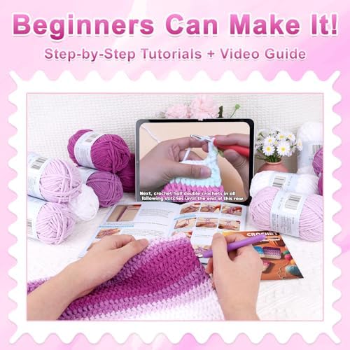 Reessy Crochet Blanket Kit for Adult Beginners, Purple Ombre Chenille Yarn - Image 5
