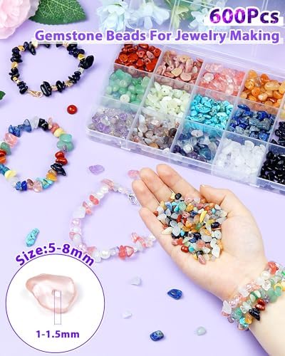 FIVEIZERO 600pcs Natural Chip Stone Beads 5-8mm - 15 Color Crystal Chip Beads for Jewelry Making, Valentine's Day Bracelet,DIY Irregular Gemstone Beads with Drilled Holes - Image 3