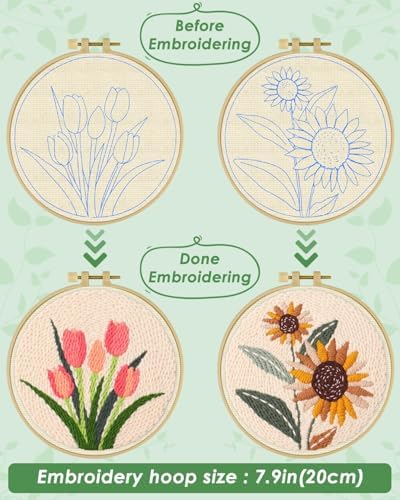 ERKOON Punch Needle Kit Adults Beginners, 2 Pcs DIY Easy Flower Embroidery Set for Starter Art Craft, Needling Punching Project with Patterns, Tools, Yarns, Hoop, Instruction (Sunflowers & Tulips) - Image 3