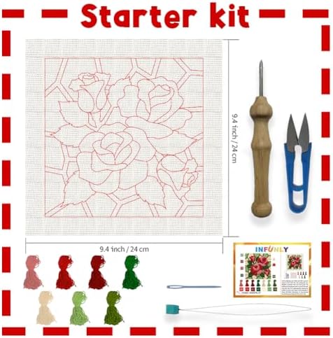 INFUNLY Roses Punch Needle Kit Square 9.4 Inches DIY Embroidery Punch Needle Set for Adults Red Pink Flowers Punches Stitching Starter Kits with Easy to Follow Instructions Festival Gift Home Decor - Image 2
