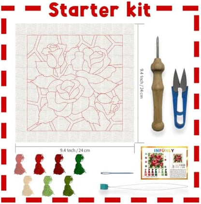 INFUNLY Roses Punch Needle Kit Square 9.4 Inches DIY Embroidery Punch Needle Set for Adults Red Pink Flowers Punches Stitching Starter Kits with Easy to Follow Instructions Festival Gift Home Decor - Image 2
