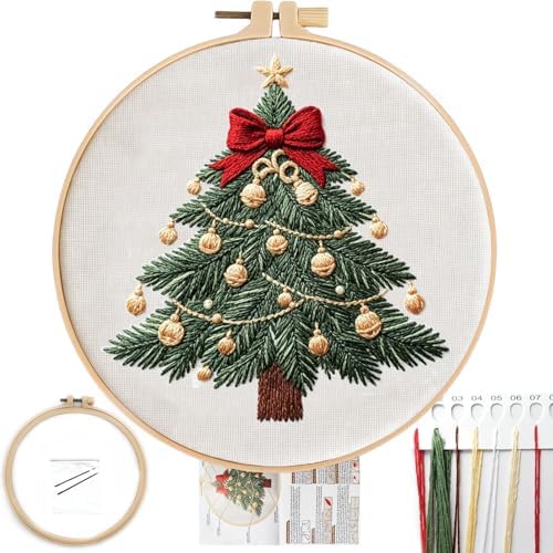 FONNUY Cute Christmas Embroidery Kit for Beginners, Festive Winter Pre-Printed Pattern & Supplies Set for Adults, DIY Handmade Needlepoint Kits Wall Art, 8'' Hoop (Tree) by FONNUY