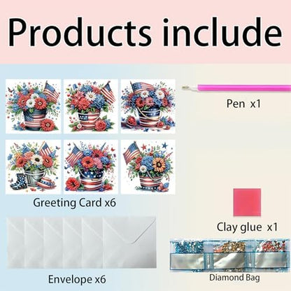 Diamond Art Painting Cards,6 Pack Gem Art Greeting Cards with Envelopes, 5D Diamond Dots Kits Birthday Cards Making Kits for Adults Family Friends Birthday Gifts(Independence Day Flowers) - Image 6