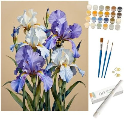 Flower Paint by Numbers Kit for Adults - DIY Iris Bouquet with Bumblebee Painting on Rolled Canvas 16x20 Inches, Acrylic Paint Set, Suitable for Beginners, Art for Home Decoration or Gifts by Unknown