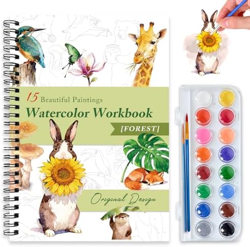 Watercolor Workbooks for Adults Beginners & Teens, 16 Colors 15 Beautiful Paintings, Pre-Outlined Designs, Easy Watercolor Art Book（Forest） by Terself