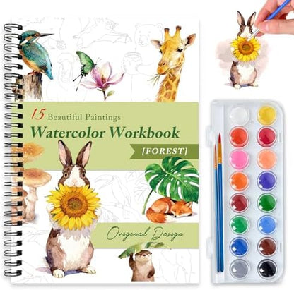 Watercolor Workbooks for Adults Beginners & Teens, 16 Colors 15 Beautiful Paintings, Pre-Outlined Designs, Easy Watercolor Art Book（Forest） by Terself