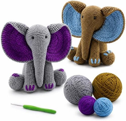 JYZJDKE Crochet Kit for Beginners Adults - DIY Amigurumi Elephant Knitting Starter Kit with Yarn Sets, Crochet Animal Kit Cute Stuffed Animal Craft Birthday Gifts (Grey Purple+Coffee Blue Elephant) by Unknown
