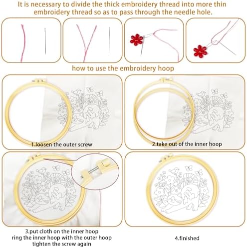 BEUNITONE 6 Set Cat and Flowers Embroidery Kit for Adults Beginners, Pre-Stamped Pattern Needlepoint Kits with Hoop, Tools, Instruction, Hand Embroidery Kits for Gifts, Fabric and Home Decor 7.9x7.9 - Image 3