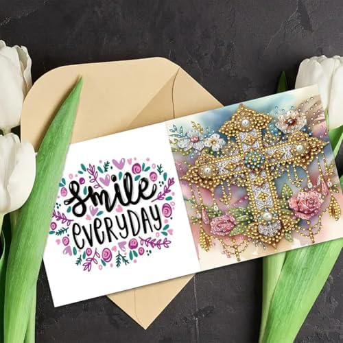 6 Pcs Diamond Painting Greeting Cards Kit Cross Rose Flowers with Envelopes, 5D DIY Special Shaped Rhinestone Art Card Making Kits for Adults, Holiday Blessing Postcards, Creative Craft Gifts - Image 2
