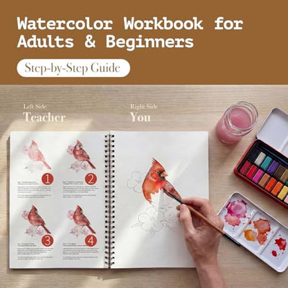 Rurolo Watercolor Workbook for Adults & Beginners - Spiral Bound Kit with 24 Paint Colors, Brushes & 300GSM Paper - Step-by-Step Animal Painting Guide for Stress Relief & Relaxation (6.5x9) - Image 2