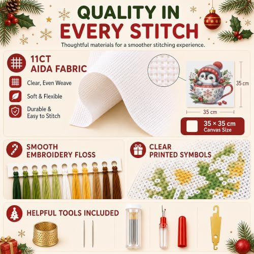 AuraDraw Christmas Stamped Cross Stitch Kits for Beginners Adults, Penguin Patterns Dimensions Needlepoint Art Crafts, Embroidery Kits for Beginners Adults for Home Decor 14x14inch - Image 4