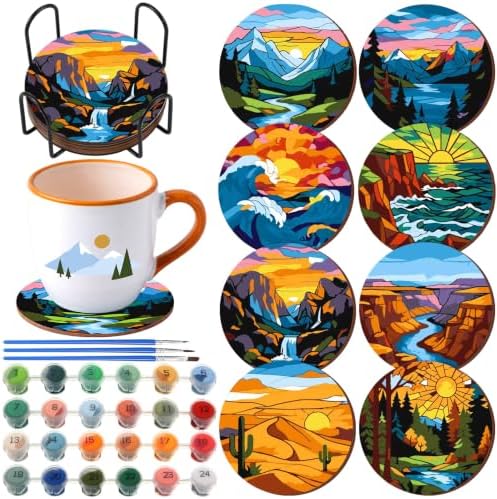 Reallnaive 8 Pcs Mountain Paint by Numbers Kit for Adults Wooden Coasters by Reallnaive