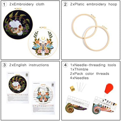 Gothic Skull Embroidery Starter Kits for Beginners Adults, Halloween Stamped Cross Stitch Kit for Beginners Adults, Flowers Hand Embroidery Needlepoint Kit, 2 Embroidery Hoop (Attached Video Tutorial) - Image 6