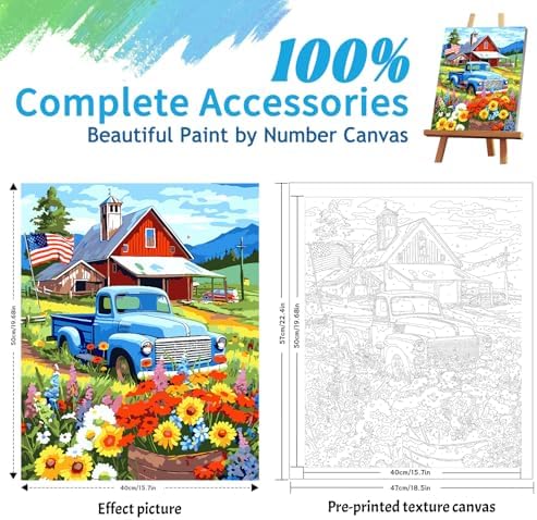 ZTOTZ Vintage Blue Truck Paint by Numbers Kit for Adults, 16x20 in American Farm Countryside Paint by Number Canvas, Red Barn -Floral Landscape Oil Painting for Adults Set - Image 2