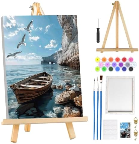 MOGTAA Paint by Numbers Kit for Adults with Frame, Lake Landscape Paint by Number Canvas, Birds Paint by Numbers with Easel, DIY Ship Oil Painting Kit for Home Wall Decor 8 x 12 Inch by MOGTAADIYHomeDecor