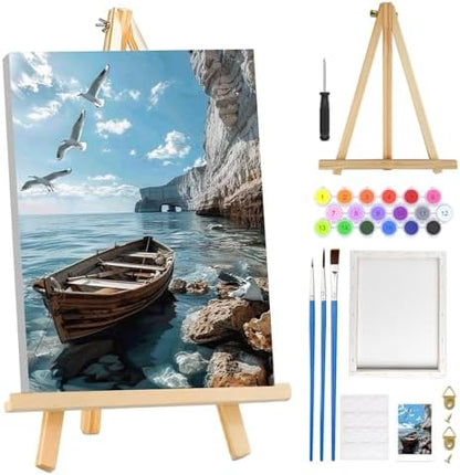 MOGTAA Paint by Numbers Kit for Adults with Frame, Lake Landscape Paint by Number Canvas, Birds Paint by Numbers with Easel, DIY Ship Oil Painting Kit for Home Wall Decor 8 x 12 Inch by MOGTAADIYHomeDecor