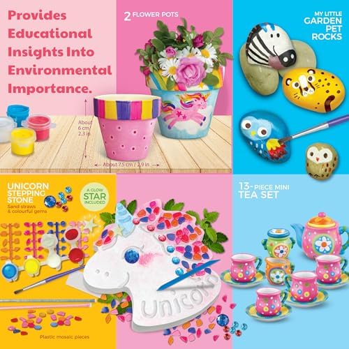 4M Magical Garden Kit for Kids Ages 8-12 – 4-in-1 Craft Set: Paint Flower Pots, Unicorn Stepping Stone with Glow Star, Mosaics & Gemstones, Mini Porcelain Tea Set, Garden Stones, Creative Art Gift - Image 3