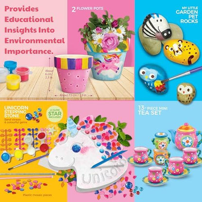 4M Magical Garden Kit for Kids Ages 8-12 – 4-in-1 Craft Set: Paint Flower Pots, Unicorn Stepping Stone with Glow Star, Mosaics & Gemstones, Mini Porcelain Tea Set, Garden Stones, Creative Art Gift - Image 3