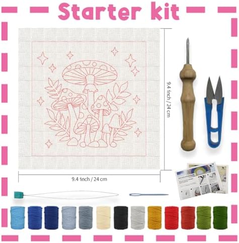 INFUNLY 2PCS Mushroom Punch Needle Kit for Beginners Art Night Mushroom DIY Punch Needle Embroidery Starter Kit Handcraft Needlepoint Set with Plant Pattern Instruction for Festival Gift Home Decor - Image 2