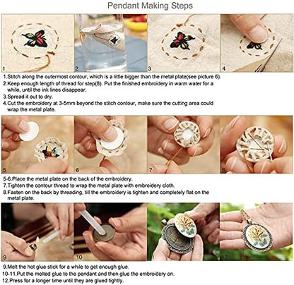 ZOCONE 4 Packs Embroidery Necklace Kits, Embroidery Pendant Kit Mini Cross Stitch Kit with 4 Hoops, Necklace, Pendant, Stamped Pattern Cloth, Instructions, etc., Embroidery Kits for Adults - Image 7