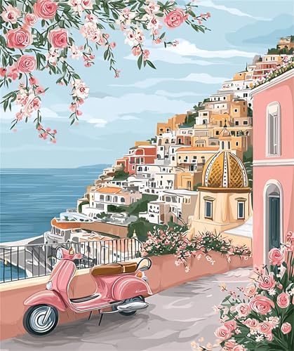 Jiqinsiye Houses Adults Paint by Number Kits,Seaside Town Painting by Number Kits on Canvas,Large Color by Numbers Adult Watercolor Gifts for Friends Wall Decor by Unknown