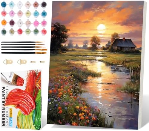 Framed Paint by Numbers Kit for Adults 16x20 Inch, Countryside Sunset by Fountor
