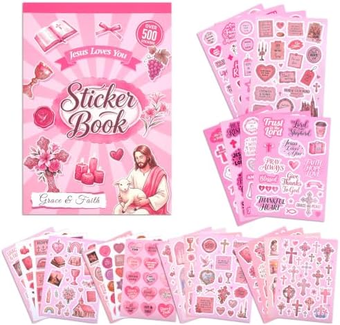 500+ Christian Scrapbook Sticker Book, Pink Bible Faith Inspirational Stickers for Scrapbooking, Art Journal Supplies for Adults Teens Women Girls Junk Journaling by emmoolife